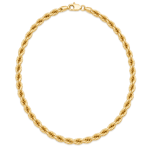9ct gold 4mm rope chain laid in a full circle with its clasp
