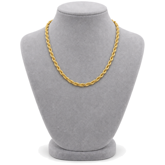 9ct gold 4mm rope chain worn on a bust form