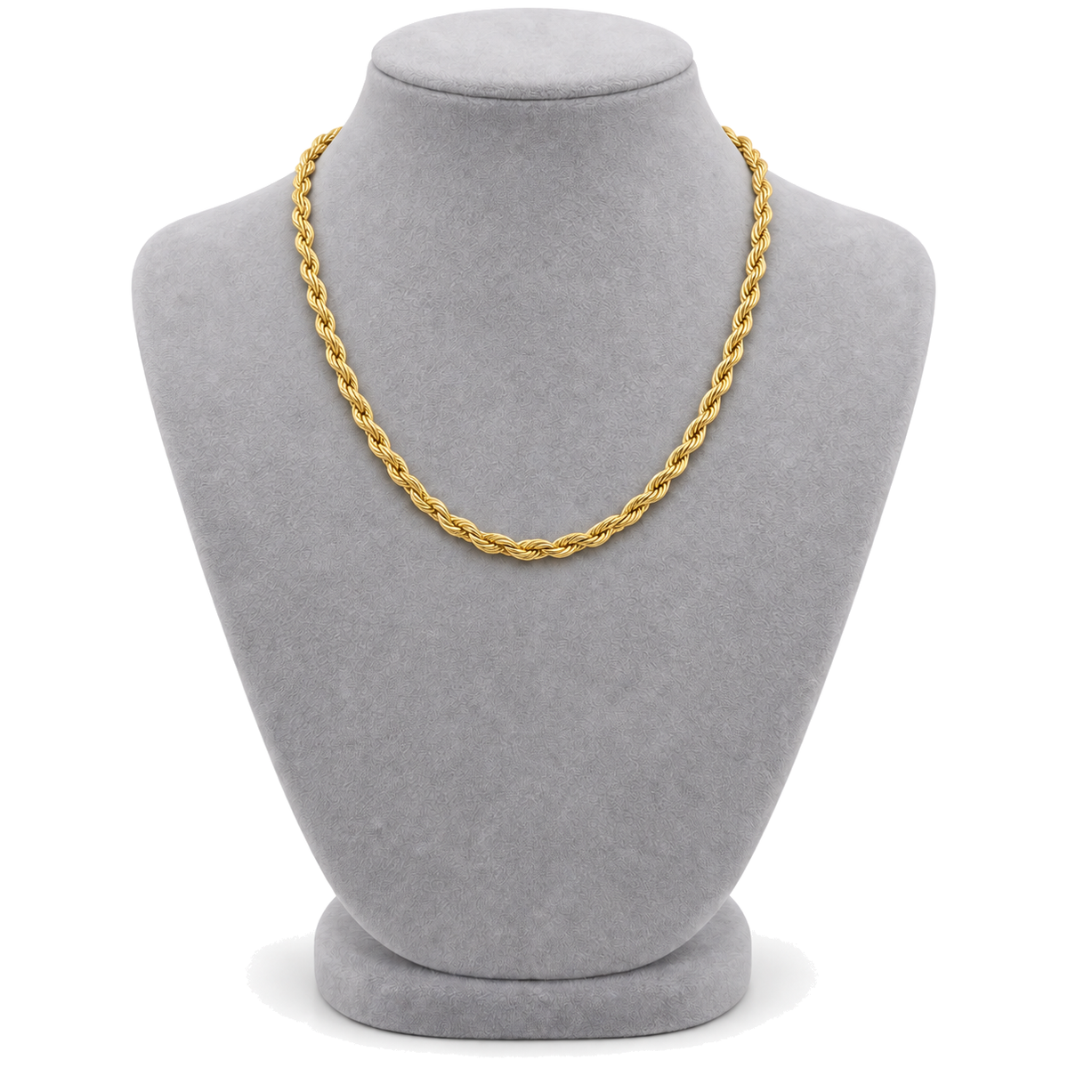 9ct gold 4mm rope chain worn on a bust form
