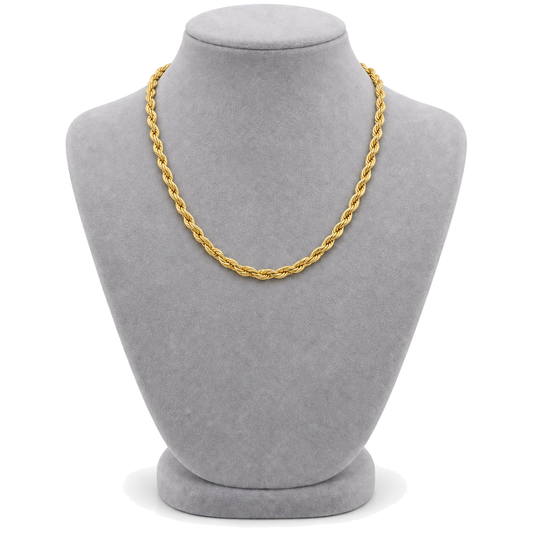 9ct gold 4mm rope chain worn on a bust form