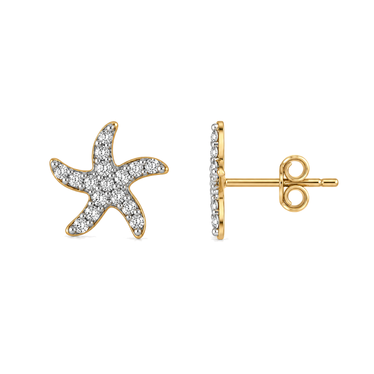 9ct gold CZ starfish stud earring from the front and the side, showing the post and butterfly