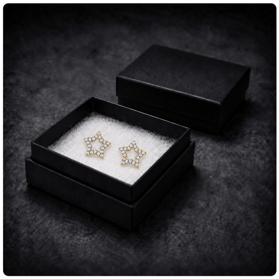 9ct gold CZ open star stud earrings in their gift box