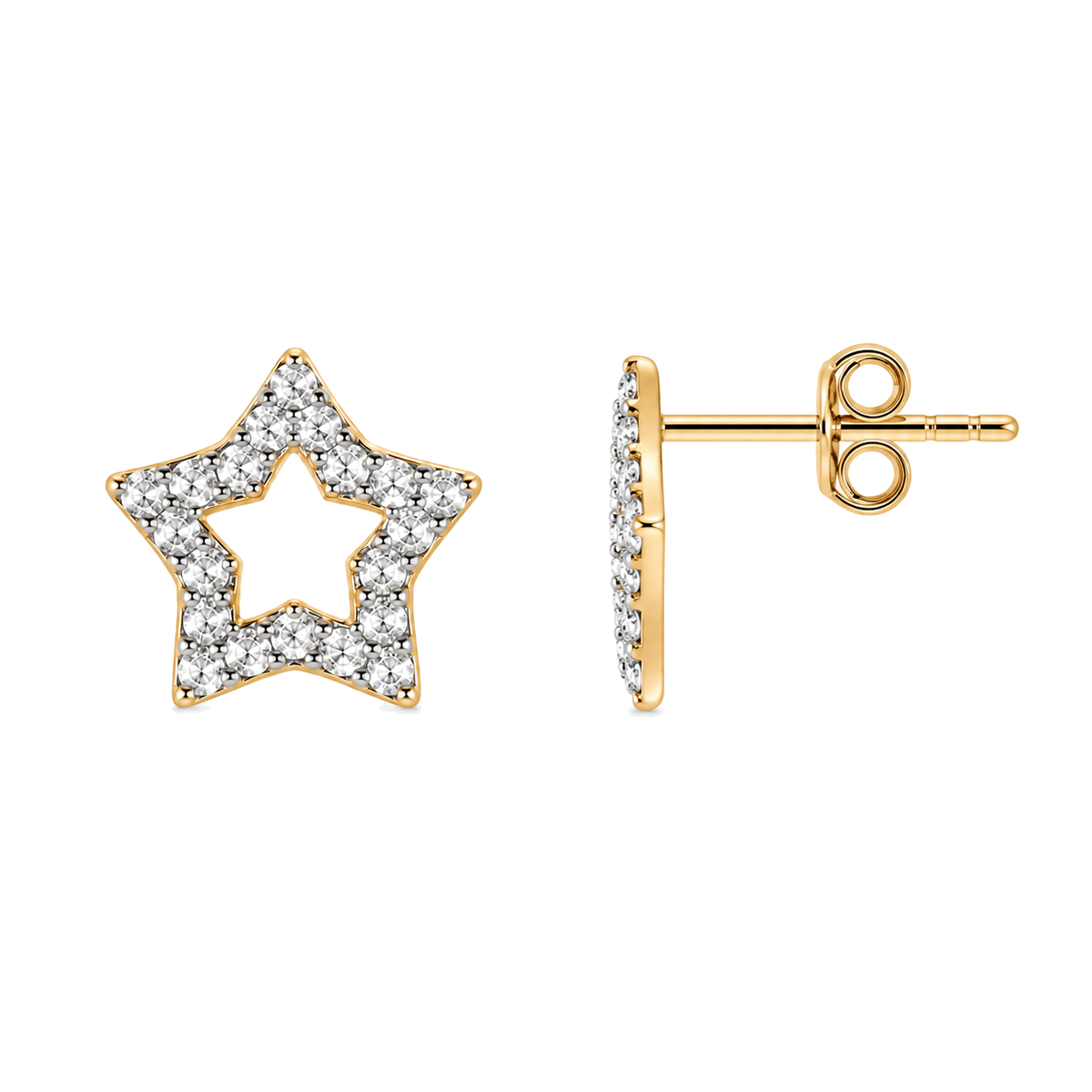 9ct gold CZ open star stud earring from the front and the side, showing the post and butterfly