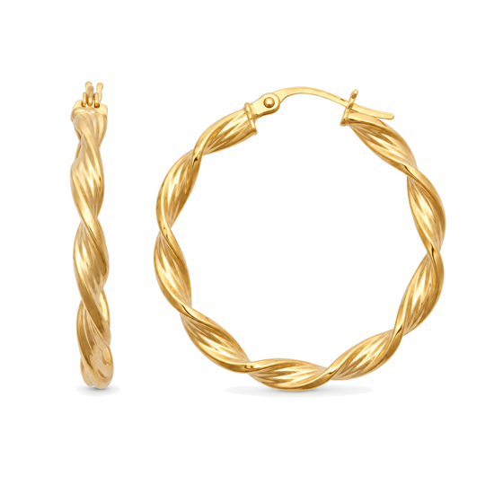 9ct gold round twist hoop earring from the side, showing the twist