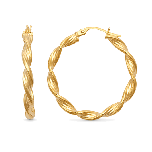 9ct gold round twist hoop earring from the side, showing the twist