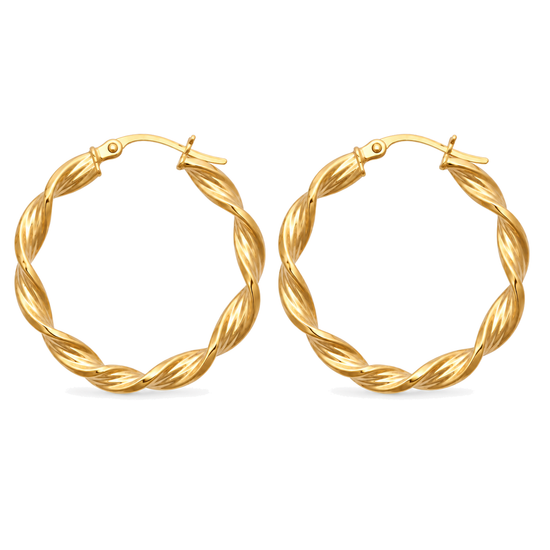 9ct gold round twist hoop earrings, the pair