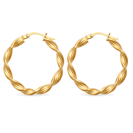 9ct gold round twist hoop earrings, the pair